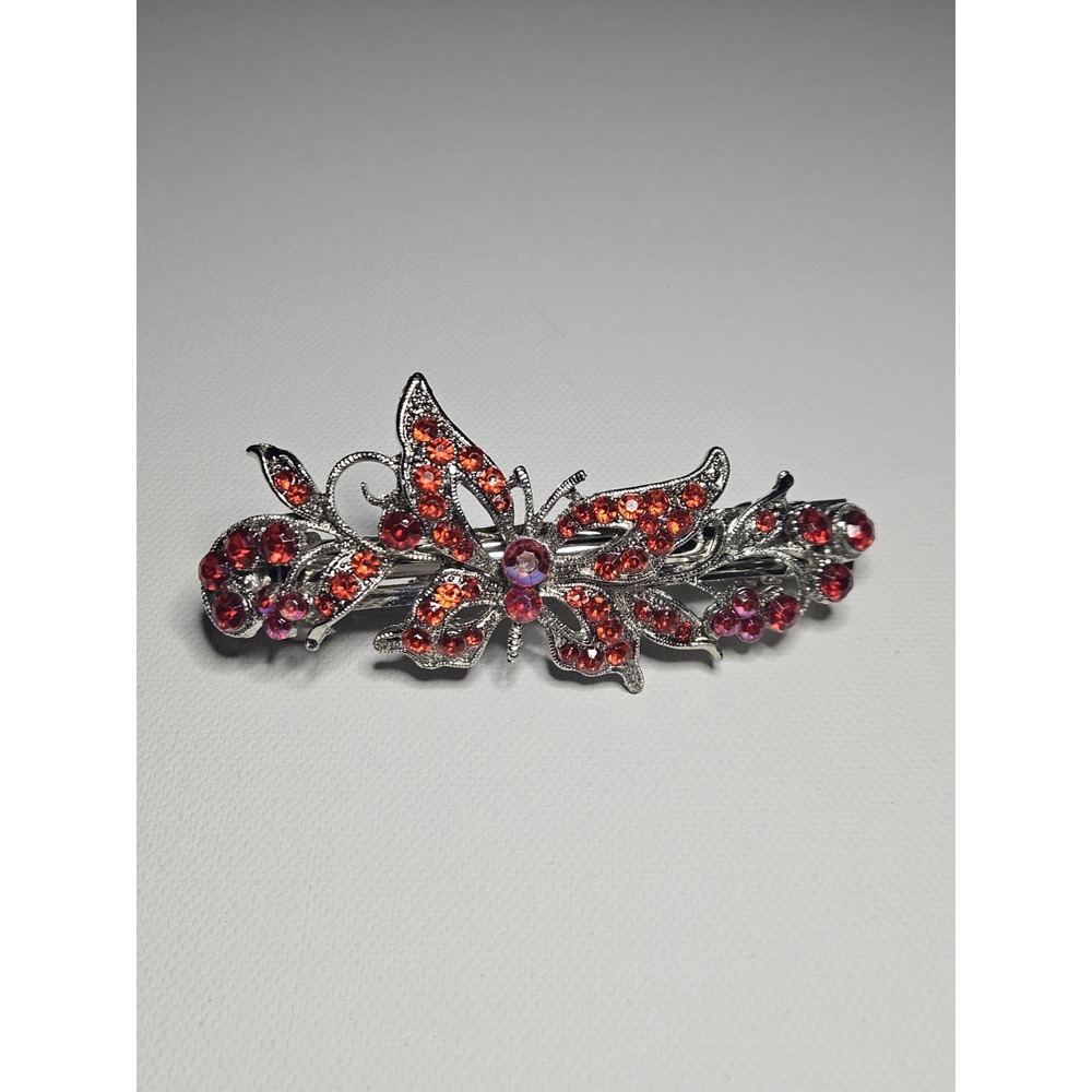 Red Rhinestone Butterfly Hair Barrette‎ Crystal Sparkly Silver Flower Clip Women